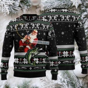 Santa Claus Fishing Ugly Christmas Sweaters Black Family Santa Claus Fishing Ugly Christmas Sweaters Black Family