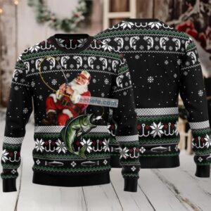 Santa Claus Fishing Ugly Christmas Sweaters Black Family