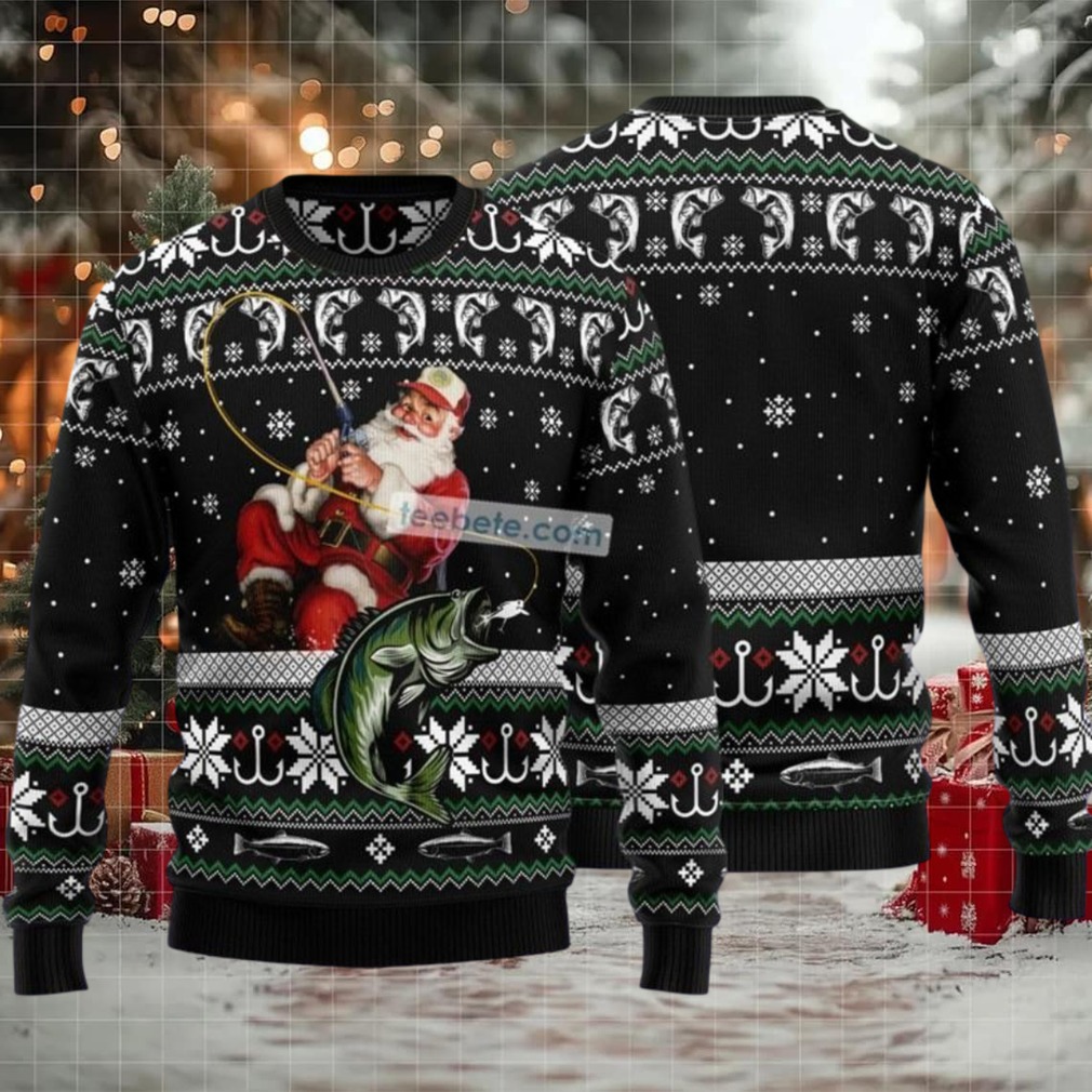 Santa Claus Fishing Ugly Christmas Sweaters Black Family Santa Claus Fishing Ugly Christmas Sweaters Black Family