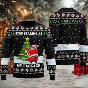 Santa Naughty Stop Staring At My Package Ugly Christmas Sweater