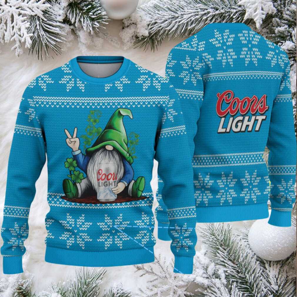 Sky Blue & White Snowflake Pattern “Peace Gnome with Coors Light” Ugly Christmas Sweater – Coors Light Edition Sky Blue & White Snowflake Pattern “Peace Gnome with Coors Light” Ugly Christmas Sweater – Coors Light Edition