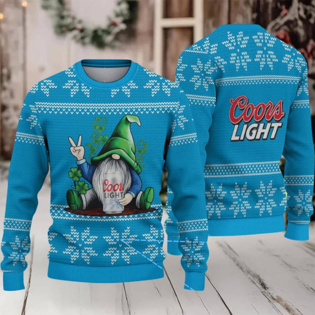 Sky Blue & White Snowflake Pattern “Peace Gnome with Coors Light” Ugly Christmas Sweater – Coors Light Edition Sky Blue & White Snowflake Pattern “Peace Gnome with Coors Light” Ugly Christmas Sweater – Coors Light Edition