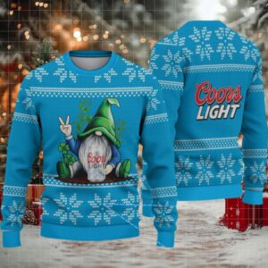 Sky Blue & White Snowflake Pattern “Peace Gnome with Coors Light” Ugly Christmas Sweater – Coors Light Edition