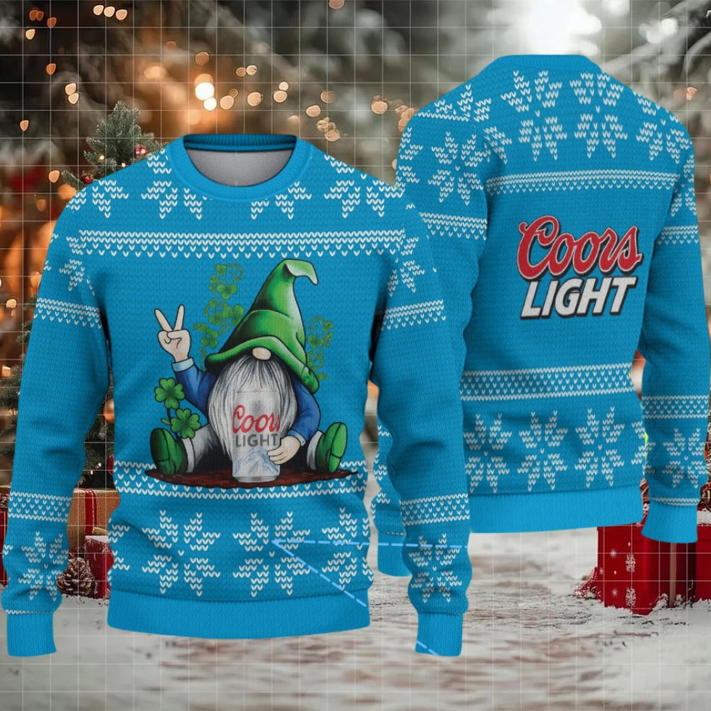 Sky Blue & White Snowflake Pattern “Peace Gnome with Coors Light” Ugly Christmas Sweater – Coors Light Edition Sky Blue & White Snowflake Pattern “Peace Gnome with Coors Light” Ugly Christmas Sweater – Coors Light Edition
