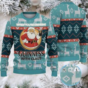 Teal & Dark Teal Fair Isle Reindeer Snowflake “Guinness With Claus” Ugly Christmas Sweater