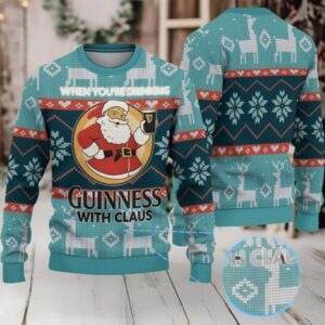 Teal & Dark Teal Fair Isle Reindeer Snowflake “Guinness With Claus” Ugly Christmas Sweater