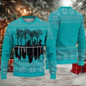 Teal Fair Isle Snowflake Ugly Christmas Sweater Stranger Things Upside Down Kids on Bikes Silhouette