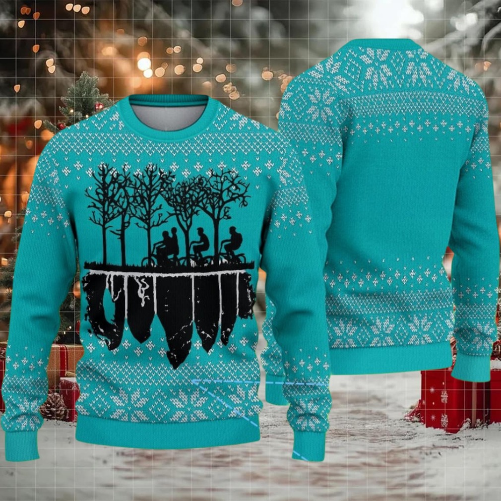 Teal Fair Isle Snowflake Ugly Christmas Sweater Stranger Things Upside Down Kids on Bikes Silhouette Teal Fair Isle Snowflake Ugly Christmas Sweater Stranger Things Upside Down Kids on Bikes Silhouette