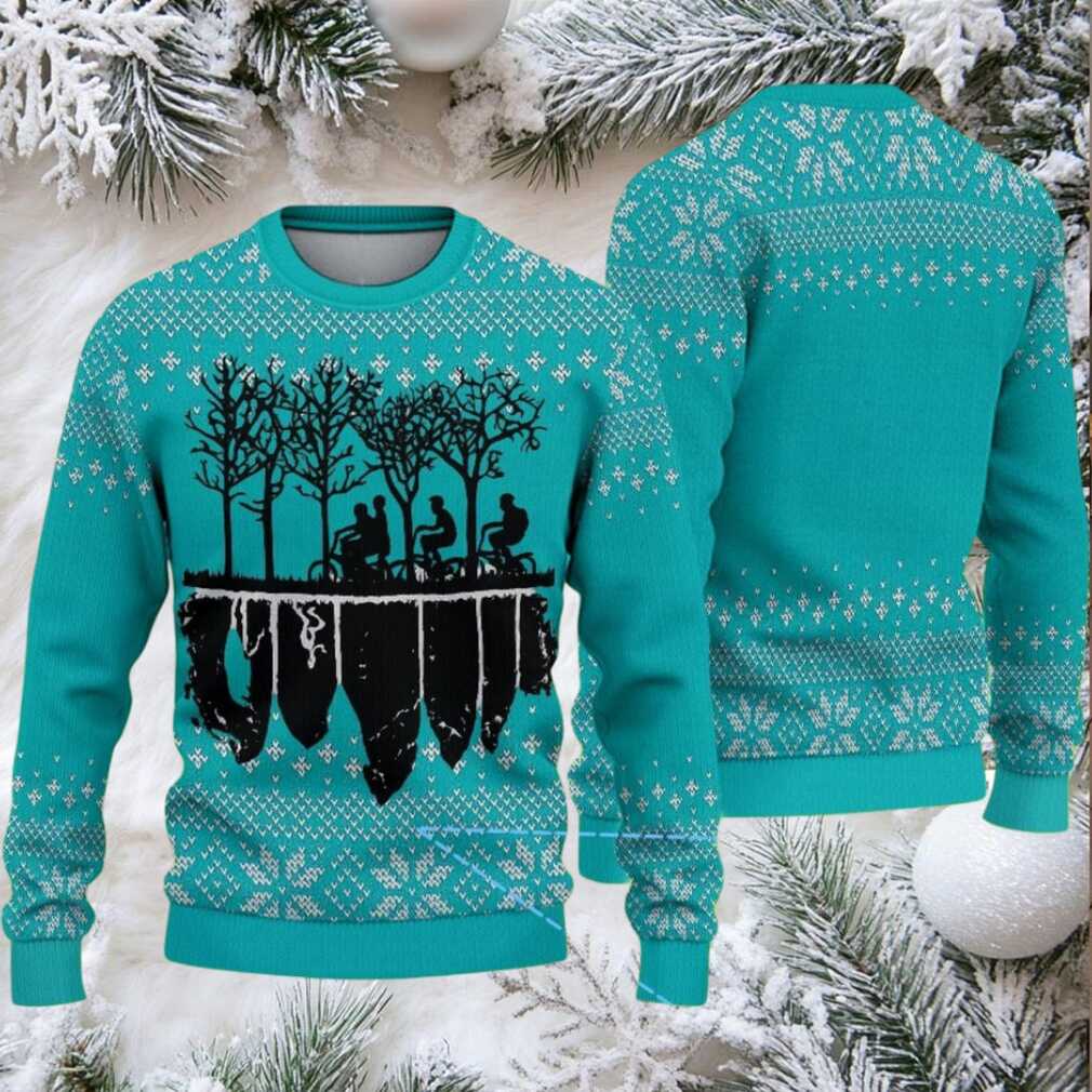 Teal Fair Isle Snowflake Ugly Christmas Sweater Stranger Things Upside Down Kids on Bikes Silhouette Teal Fair Isle Snowflake Ugly Christmas Sweater Stranger Things Upside Down Kids on Bikes Silhouette