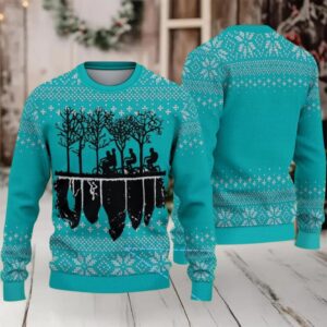 Teal Fair Isle Snowflake Ugly Christmas Sweater Stranger Things Upside Down Kids on Bikes Silhouette