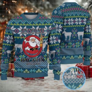 Teal & Navy Fair Isle Reindeer Snowflake Bacardi “With Claus” Ugly Christmas Sweater