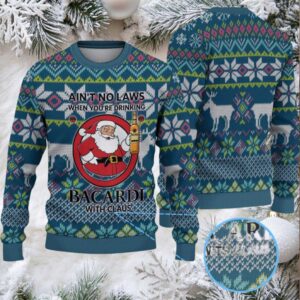 Teal & Navy Fair Isle Reindeer Snowflake Bacardi “With Claus” Ugly Christmas Sweater