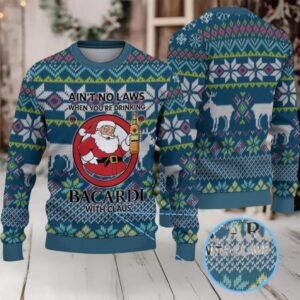 Teal & Navy Fair Isle Reindeer Snowflake Bacardi “With Claus” Ugly Christmas Sweater