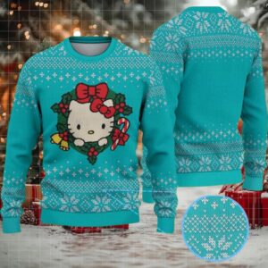 Teal Ugly Christmas Sweater with White Snowflake Pattern Featuring Hello Kitty in Christmas Wreath with Candy Cane