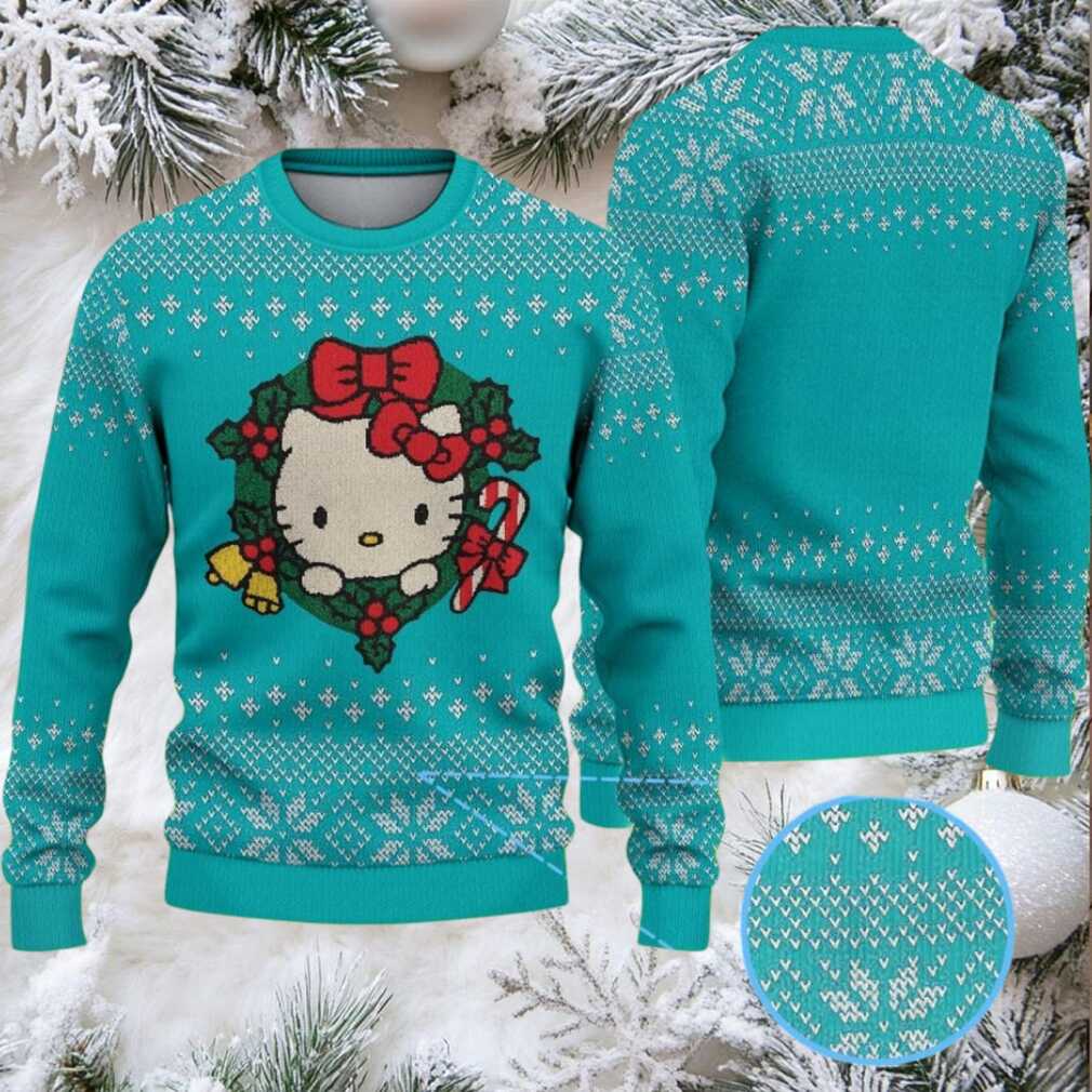Teal Ugly Christmas Sweater with White Snowflake Pattern Featuring Hello Kitty in Christmas Wreath with Candy Cane Teal Ugly Christmas Sweater with White Snowflake Pattern Featuring Hello Kitty in Christmas Wreath with Candy Cane