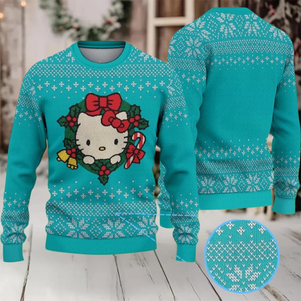 Teal Ugly Christmas Sweater with White Snowflake Pattern Featuring Hello Kitty in Christmas Wreath with Candy Cane Teal Ugly Christmas Sweater with White Snowflake Pattern Featuring Hello Kitty in Christmas Wreath with Candy Cane