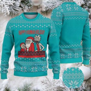 Teal Ugly Christmas Sweater with White Snowflake Pattern Featuring Rick and Morty Happy Human Holiday