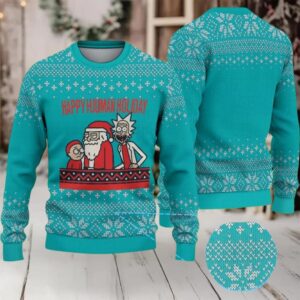 Teal Ugly Christmas Sweater with White Snowflake Pattern Featuring Rick and Morty Happy Human Holiday