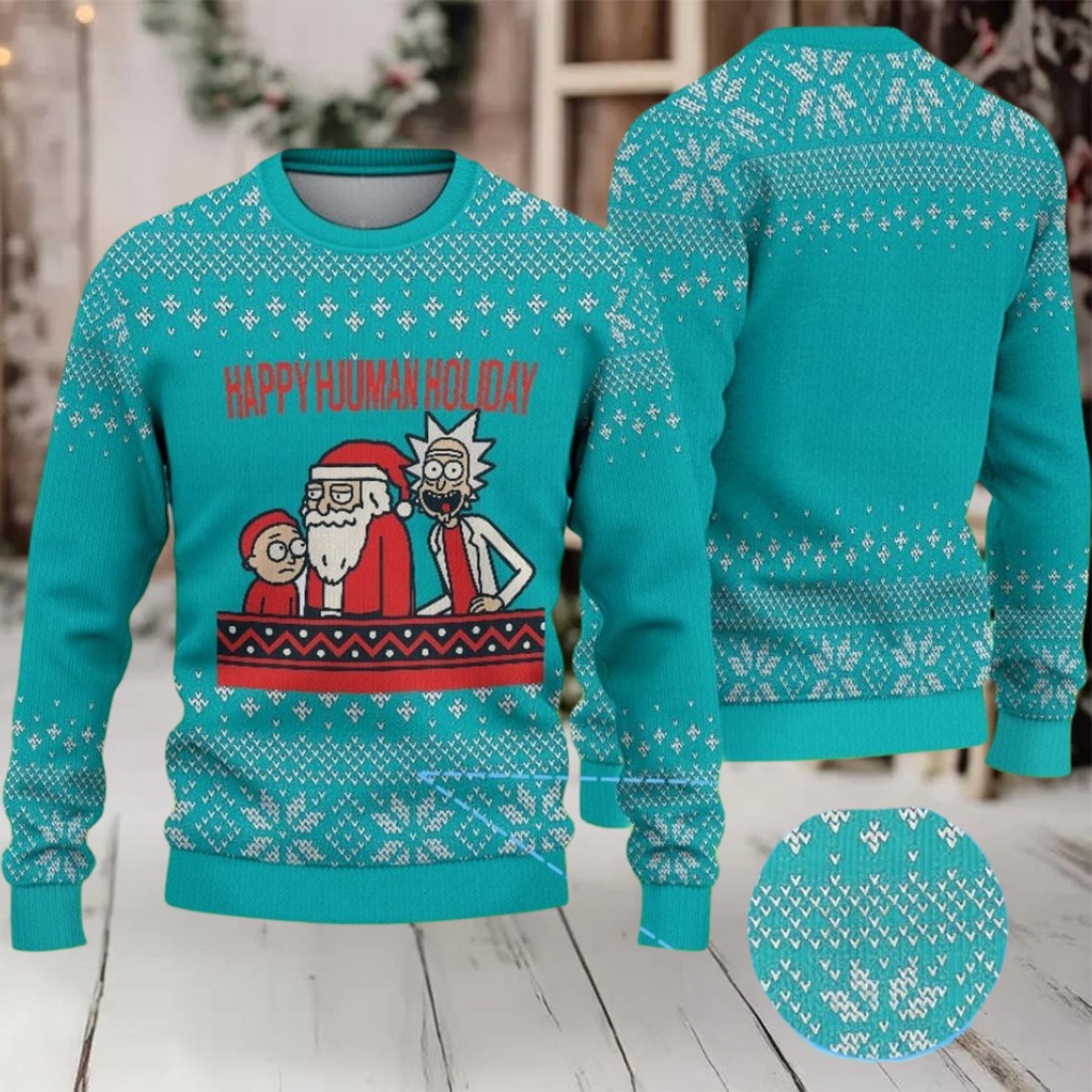 Teal Ugly Christmas Sweater with White Snowflake Pattern Featuring Rick and Morty Happy Human Holiday Teal Ugly Christmas Sweater with White Snowflake Pattern Featuring Rick and Morty Happy Human Holiday