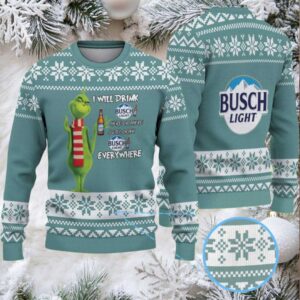 Teal & White Snowflake Pattern “Busch Light Grinch Everywhere” Ugly Christmas Sweater