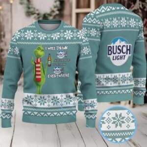 Teal & White Snowflake Pattern “Busch Light Grinch Everywhere” Ugly Christmas Sweater