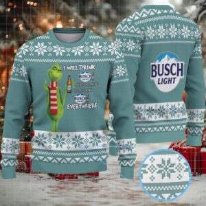Teal & White Snowflake Pattern “Busch Light Grinch Everywhere” Ugly Christmas Sweater