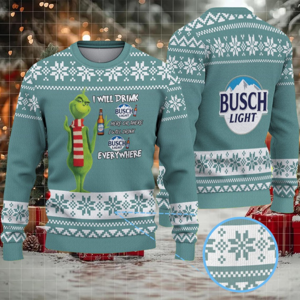 Teal & White Snowflake Pattern “Busch Light Grinch Everywhere” Ugly Christmas Sweater Teal & White Snowflake Pattern “Busch Light Grinch Everywhere” Ugly Christmas Sweater
