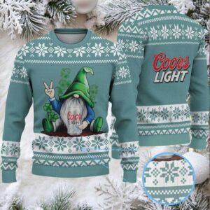 Teal & White Snowflake Pattern “Peace Gnome Drinking Coors Light” Ugly Christmas Sweater