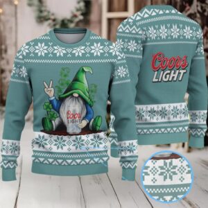 Teal & White Snowflake Pattern “Peace Gnome Drinking Coors Light” Ugly Christmas Sweater