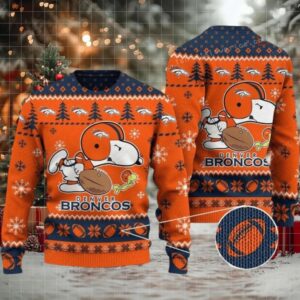 Ugly Christmas Sweater Denver Broncos, Graphic Dog Blue Orange