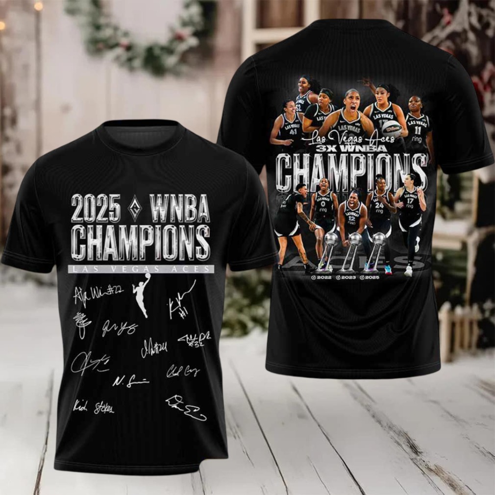 WNBA 2025 Las Vegas Aces 3x Champions Signatures 2 sided t shirt WNBA 2025 Las Vegas Aces 3x Champions Signatures 2 sided t shirt