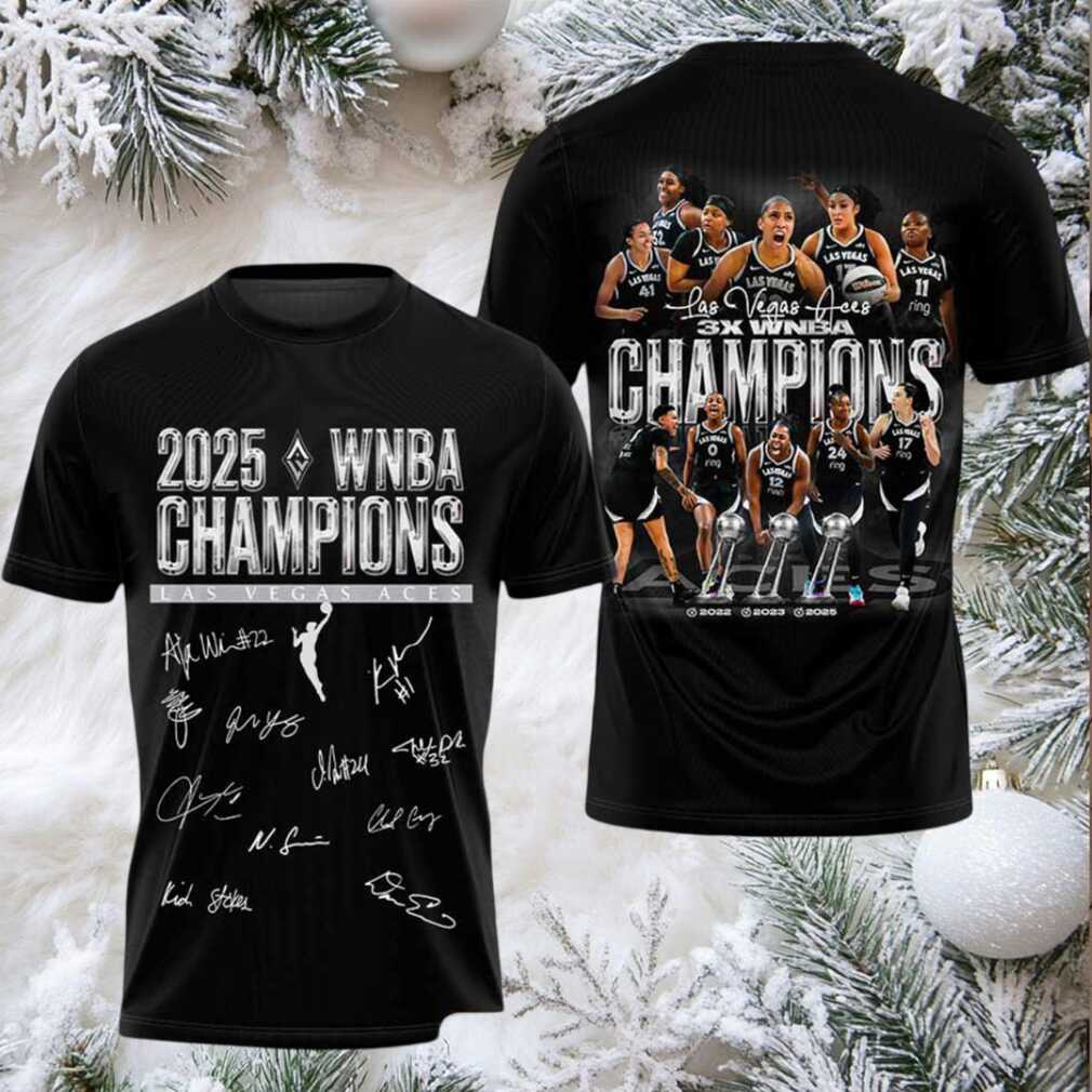WNBA 2025 Las Vegas Aces 3x Champions Signatures 2 sided t shirt WNBA 2025 Las Vegas Aces 3x Champions Signatures 2 sided t shirt