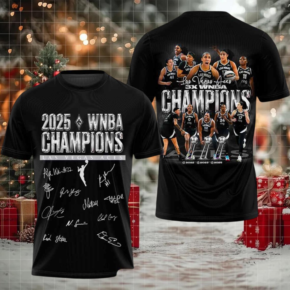 WNBA 2025 Las Vegas Aces 3x Champions Signatures 2 sided t shirt WNBA 2025 Las Vegas Aces 3x Champions Signatures 2 sided t shirt