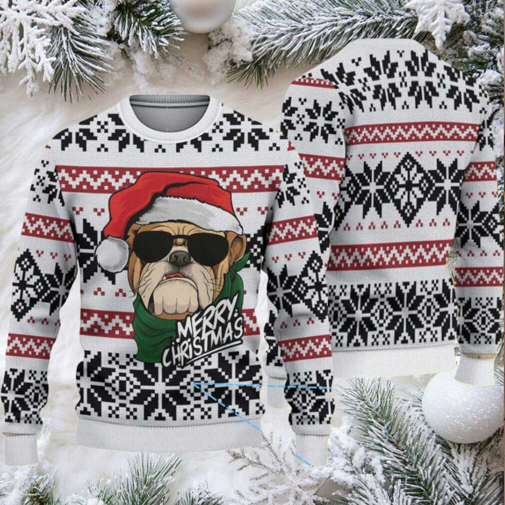 White Black and Red Bulldog Merry Christmas Keystone Light Ugly Sweater