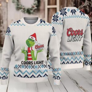 White & Blue Nordic Pattern “Grinch in Santa Hat Coors Light” Ugly Christmas Sweater – Coors Light Edition