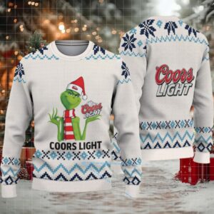 White & Blue Nordic Pattern “Grinch in Santa Hat Coors Light” Ugly Christmas Sweater – Coors Light Edition