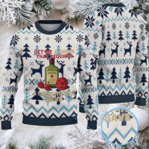White Blue Reindeer and Tree Pattern “Get Me a Drink That Requires a Constitution Save” Ugly Christmas Sweater Featuring Jameson Irish Whiskey White Blue Reindeer and Tree Pattern “Get Me a Drink That Requires a Constitution Save” Ugly Christmas Sweater Featuring Jameson Irish Whiskey