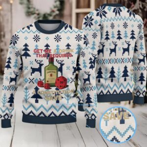 White Blue Reindeer and Tree Pattern “Get Me a Drink That Requires a Constitution Save” Ugly Christmas Sweater Featuring Jameson Irish Whiskey