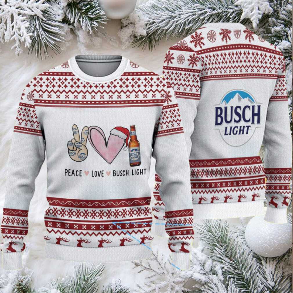 White & Burgundy Reindeer Pattern “Peace Love Busch Light” Ugly Christmas Sweater