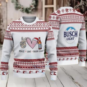 White & Burgundy Reindeer Pattern “Peace Love Busch Light” Ugly Christmas Sweater