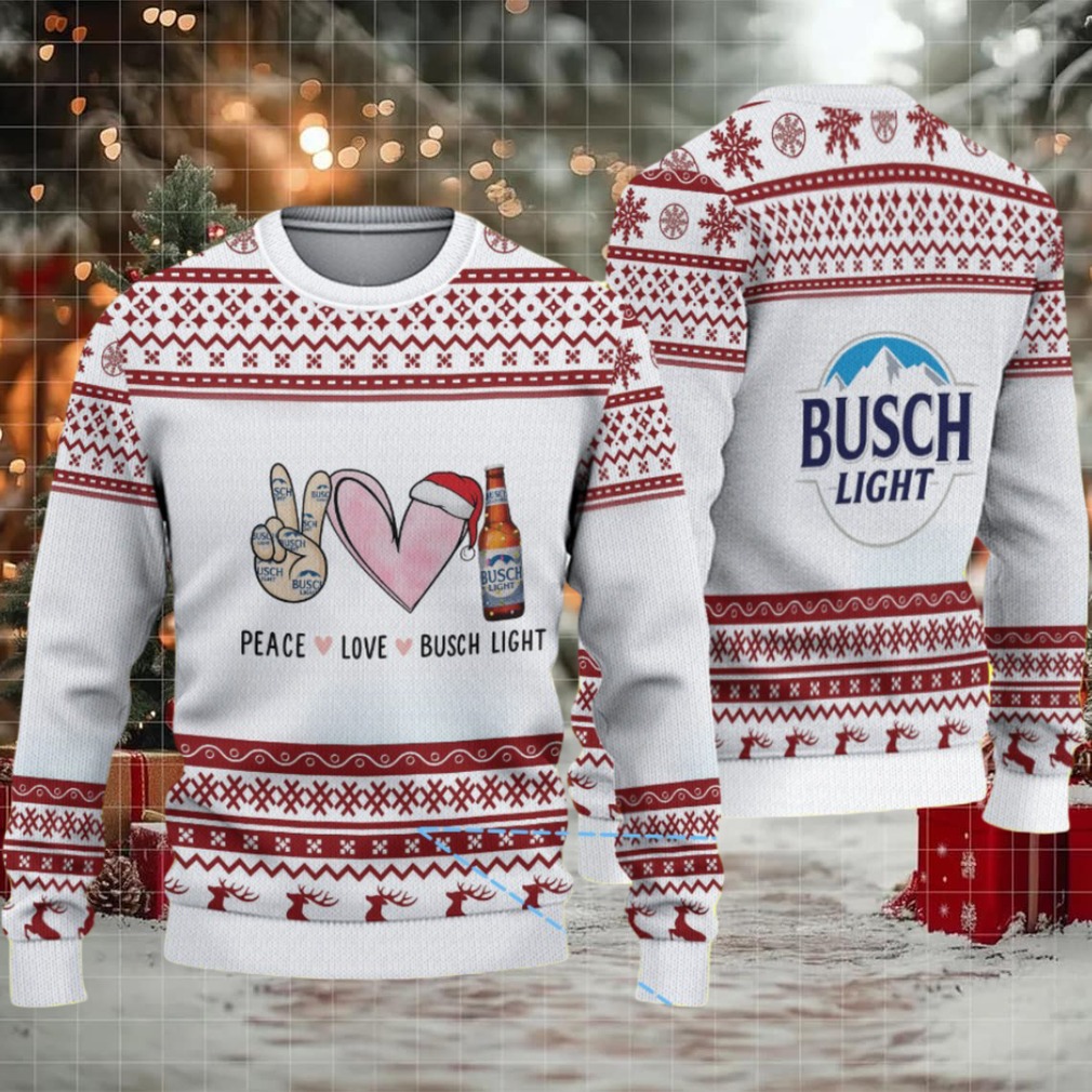 White & Burgundy Reindeer Pattern “Peace Love Busch Light” Ugly Christmas Sweater White & Burgundy Reindeer Pattern “Peace Love Busch Light” Ugly Christmas Sweater