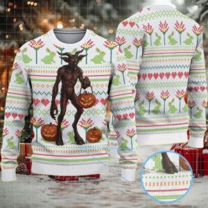 White Folk Stitch Ugly Christmas Sweater Stranger Things Vecna with Jack O Lantern Pumpkins Hearts and Floral Pattern