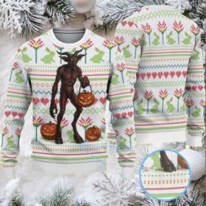 White Folk Stitch Ugly Christmas Sweater Stranger Things Vecna with Jack O Lantern Pumpkins Hearts and Floral Pattern