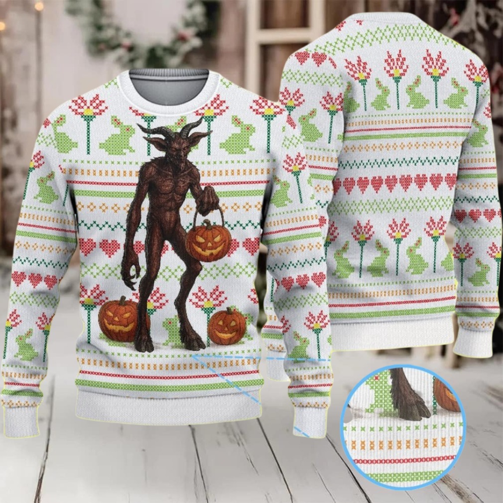 White Folk Stitch Ugly Christmas Sweater Stranger Things Vecna with Jack O Lantern Pumpkins Hearts and Floral Pattern White Folk Stitch Ugly Christmas Sweater Stranger Things Vecna with Jack O Lantern Pumpkins Hearts and Floral Pattern