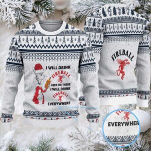 White & Navy Snowflake Pattern “I Will Drink Fireball Everywhere” Ugly Christmas Sweater – Fireball Cinnamon Whisky Edition White & Navy Snowflake Pattern “I Will Drink Fireball Everywhere” Ugly Christmas Sweater – Fireball Cinnamon Whisky Edition