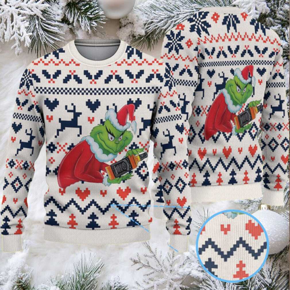 White Navy and Red Fair Isle Ugly Christmas Sweater Jack Daniel’s Whiskey with Grinch Reindeer Hearts and Zigzag Pattern White Navy and Red Fair Isle Ugly Christmas Sweater Jack Daniel’s Whiskey with Grinch Reindeer Hearts and Zigzag Pattern