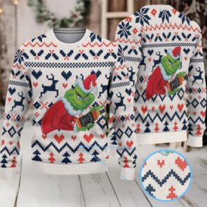 White Navy and Red Fair Isle Ugly Christmas Sweater Jack Daniel’s Whiskey with Grinch Reindeer Hearts and Zigzag Pattern