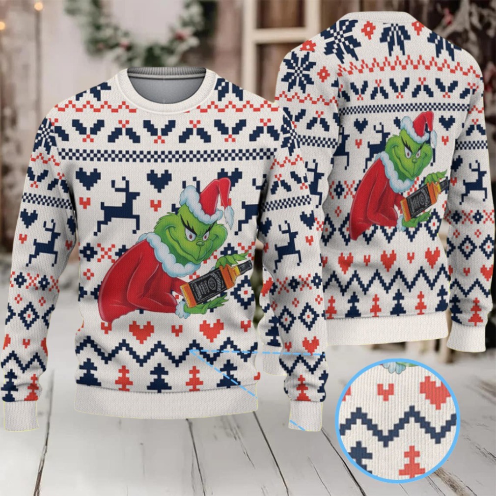 White Navy and Red Fair Isle Ugly Christmas Sweater Jack Daniel’s Whiskey with Grinch Reindeer Hearts and Zigzag Pattern White Navy and Red Fair Isle Ugly Christmas Sweater Jack Daniel’s Whiskey with Grinch Reindeer Hearts and Zigzag Pattern
