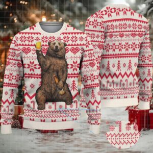 White Red Coors Banquet Drinking Bear Christmas Pattern Ugly Sweater