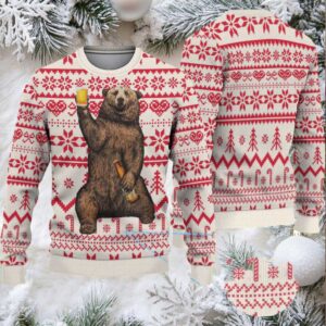 White Red Coors Banquet Drinking Bear Christmas Pattern Ugly Sweater